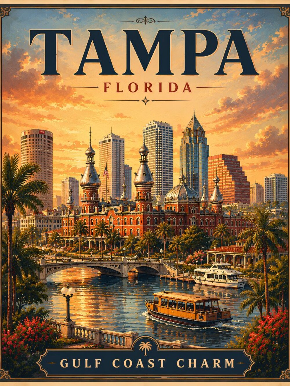 Tampa Florida Vintage Travel Poster | University of Tampa Wall Art | Gulf Coast
